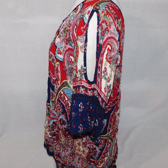 Bila Womens XL Rayon Cold Shoulder multicolour Short Sleeve Peasant Top Blouse - Picture 9 of 12